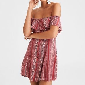 Pink off shoulder button down floral dress